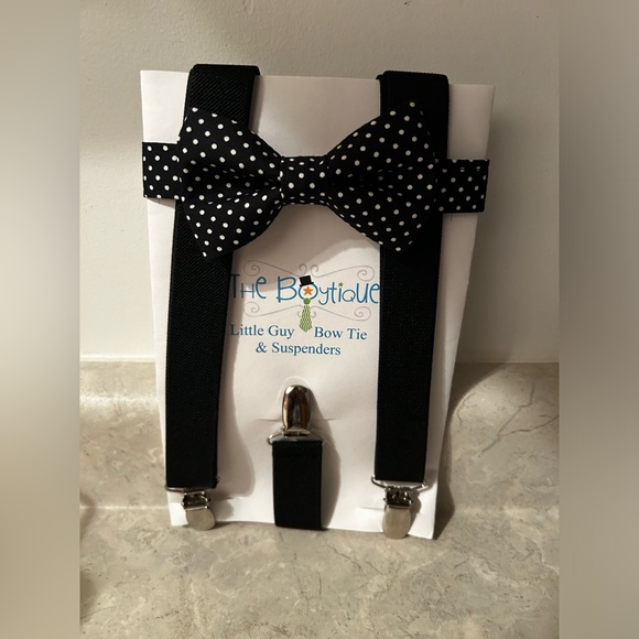 Children’s Black Polka Dot Bow Tie with Black Suspenders - Picture 2 of 4